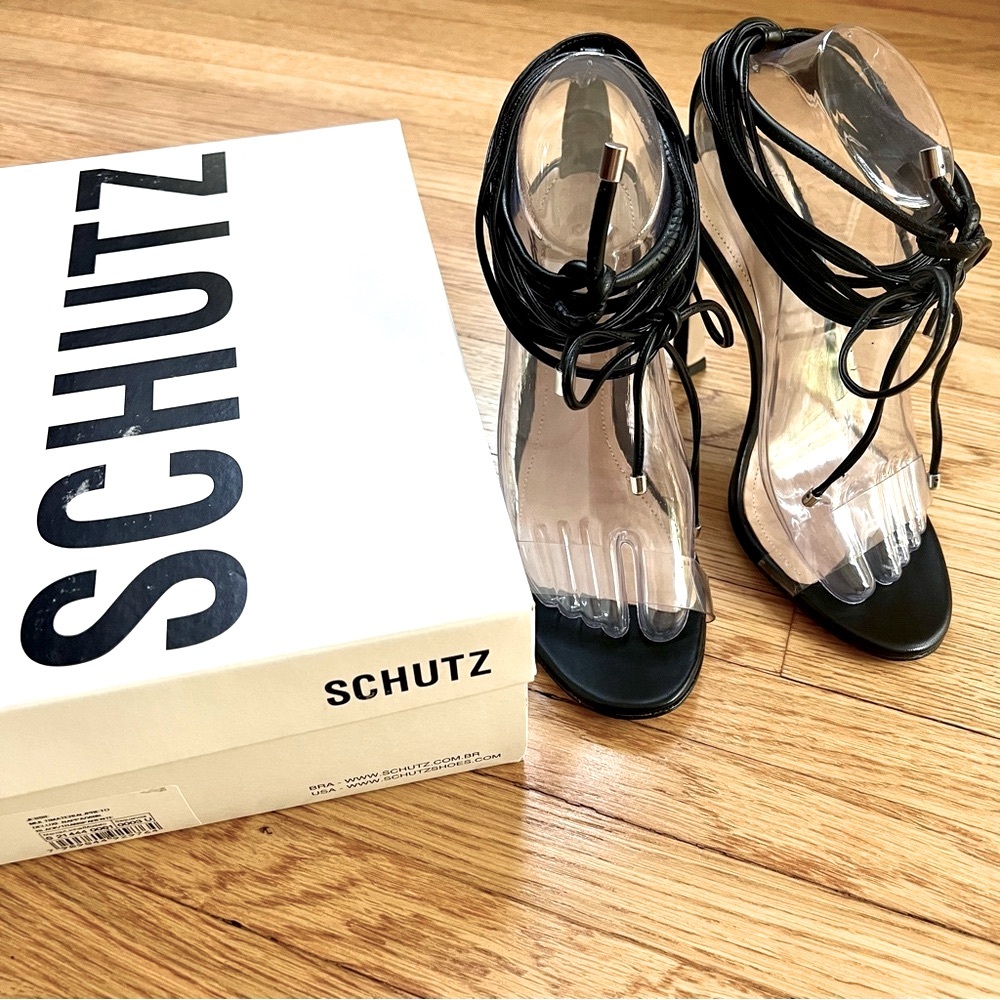 SCHUTZ Jessie Vinyl & Nappa Leather Sandals Black and Clear Size 8.5 - Picture 10 of 15